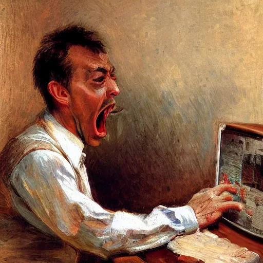 Image similar to an angry man screams at his computer monitor, oil on canvas, 1 8 8 3, highly detailed