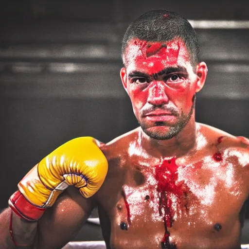 Prompt: close up portrait of boxer after boxing with brews blood sweating, photography photojournalism, very grainy image