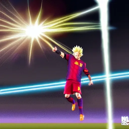 Prompt: a picture of super saiyan messi shooting a laser beam