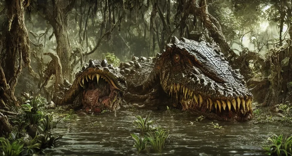 Prompt: A colossal crocodile god emerging from a swamp. Tiny villagers stand in awe. Slimy tendrils dangle. cinematic shot, intricate, ornate, photorealistic, ultra detailed, 100mm, photography, octane, high definition, depth of field, bokeh, 8k, behance, artstation
