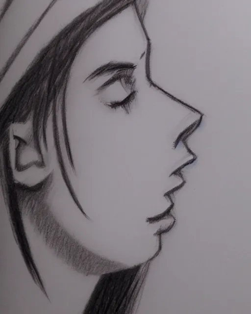 Prompt: highly detailed, cute teenage girl in a tall black top hat, profile face, pencil sketch, gray scale, anime style