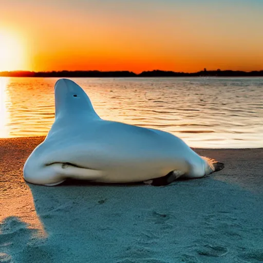 Image similar to a cute beluga on a beach, sun bathing, golden hour, vivid color, hyper realistic photograph