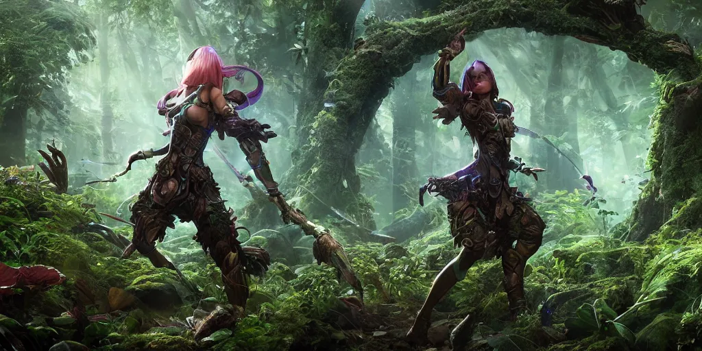 Prompt: female earth mage, high quality character design, action pose : : spotlight, magical, biopunk, forestpunk, forest, mushrooms, high detail, 8 k, oled, shadows, reflections, digital art, official art, octane render, dynamic camera angle, unreal engine