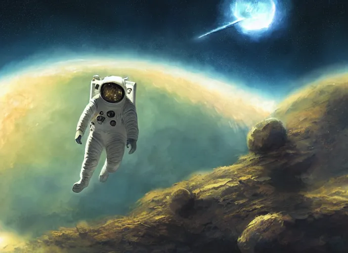 Image similar to craig mullins and ghibli digital illustration of an astronaut floating in the middle of the cosmos doing jazz improv, full body, strong contrast, earth, galaxies, ethereal, inviting, bright, raking light from constellations, unreal engine, hyper realism, realistic shading, cinematic composition, realistic render, octane render, detailed textures, photorealistic, wide shot