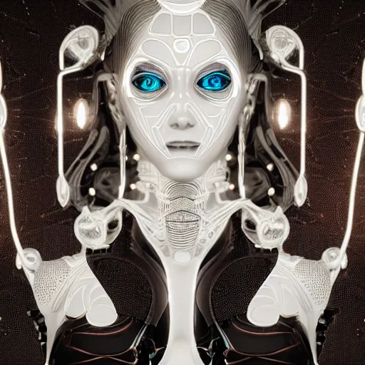 Image similar to symmetrical feminine cyborg goddess rendered in Cinema 4D and Octane and Unreal Engine 5, elegant silver cybernetic body and ornate futuristic outfit, glowing white neon eyes, platinum and obsidian flowing long hair, art by Artgerm, Beeple and Alphonse Mucha, hyperrealism, full body photogenic shot, digital render, cinematic lighting ornate earrings, 8k resolution, masterpiece work
