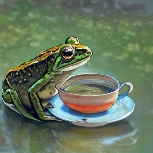 Image similar to 🐸 drinking ☕ by james gurney.