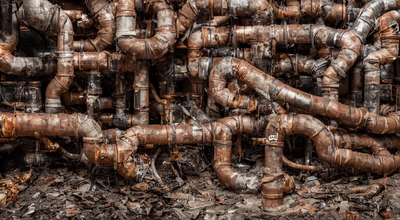 Image similar to broken corrupted warped rusting damaged dark basement pipes plumbing 5 5 mm photography detailed footage