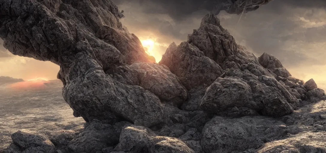 Image similar to octane render uhd, 8 k art photography, filmic lighting, cinematic art shot, hyperrealistic, hyperdetailed, super detailed, 8 k, high resolution, vast dark granite landscape with mysterious strangle glowing crystalline structure made of white rocks in the far distance, particle simulation, painting by ross tran and ivan aivazovsky, black water, sunset