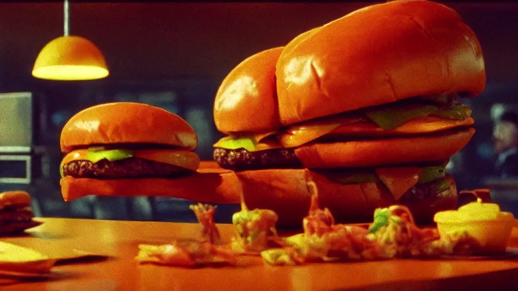 Image similar to the strange cheeseburger creature at the fast food place, film still from the movie directed by denis villeneuve and david cronenberg with art direction by salvador dali and zdzisław beksinski, commercial, wide lens