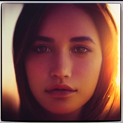 Prompt: closeup photo of a beautiful woman face, golden hour, 8 0 mm lens, polaroid, hyper realistic