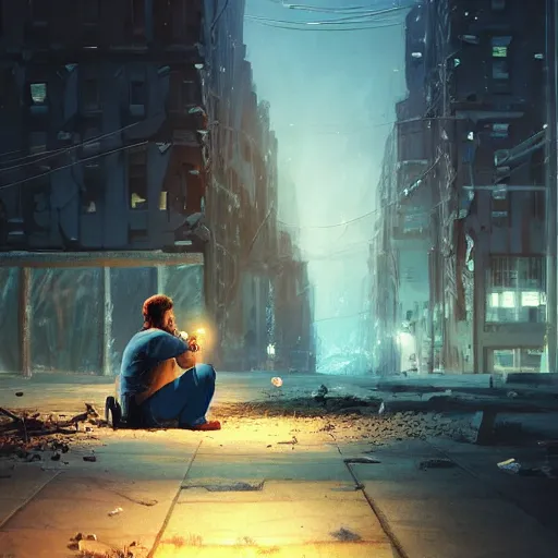 Image similar to the last human sitting in a destroyed city at night, the only light source comes from his smartphone in his hands, the smartphone light is blue, the human is in the style of Irakli Nadar on ArtStation and the city is in the style of Aleksey Pollack on ArtStation, 4k,