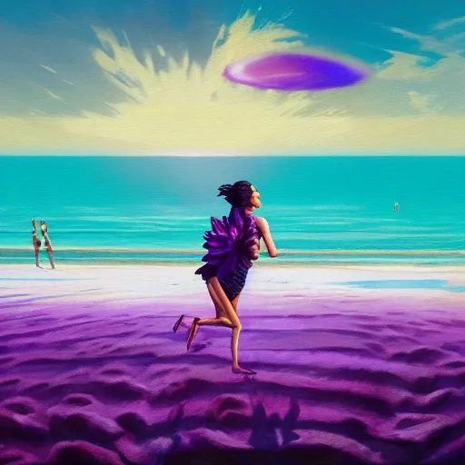 Image similar to portrait, giant purple dahlia flower head, woman running at the beach, surreal photography, sunrise, blue sky, dramatic light, impressionist painting, digital painting, artstation, simon stalenhag