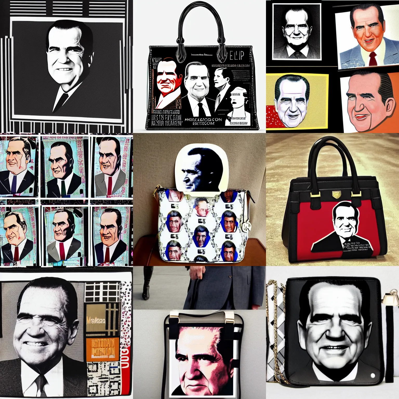 Prompt: designer purse with a dozen distinct images of richard nixon!!! pattern on it, fashion design, high fashion, elle magazine, cosmopolitan, glossy photo, crisp details, michael kors, givenchy, burberry