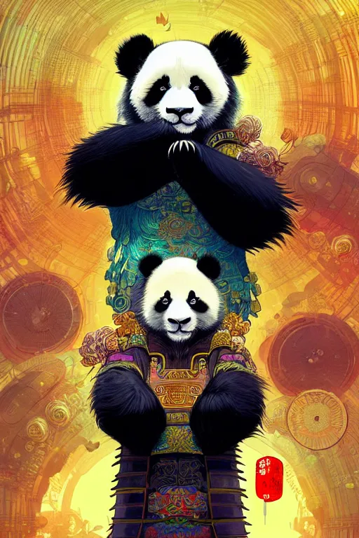 Image similar to a beautiful hyperdetailed character design 4 k wallpaper illustration of a cute panda with a chinese lion dance head victo ngai cyberpunk style, from china, style of studio ghibli, makoto shinkai, raphael lacoste, louis comfort tiffany, artgerm, james jean, ross tran, chinese style