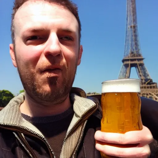 Prompt: photo of an englishman drinking beer in paris