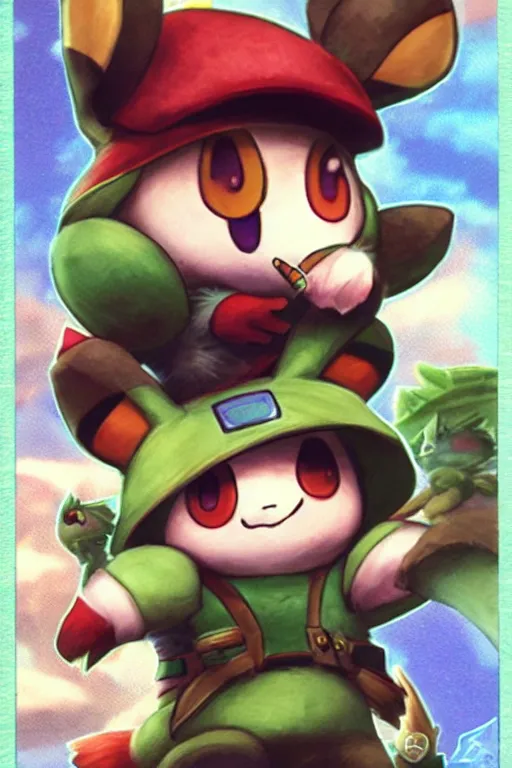 Prompt: teemo, a pokemon trading card of teemo, high detail pokemon trading card scan