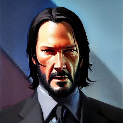 Image similar to greg manchess portrait painting of john wick as overwatch character, medium shot, asymmetrical, profile picture, organic painting, sunny day, matte painting, bold shapes, hard edges, street art, trending on artstation, by huang guangjian, gil elvgren, ruan jia, greg rutkowski, gaston bussiere