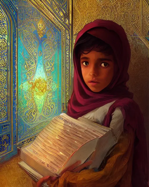 Image similar to a faceless bedouin child infront of a big open quran highly detailed, gold filigree, romantic storybook fantasy, soft cinematic lighting, award, disney concept art watercolor illustration by mandy jurgens and alphonse mucha and alena aenami, pastel color palette, featured on artstation