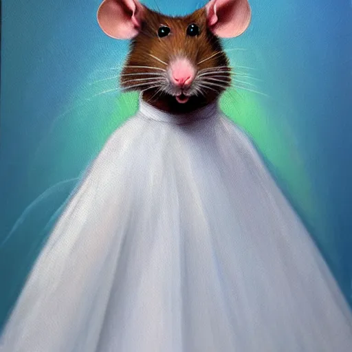 Prompt: oil painted portrait of an anthropomorphic rat wearing a white wedding dress, rodent, timeless masterpiece, classic, detailed, sharp, clear, 4 k, 8 k