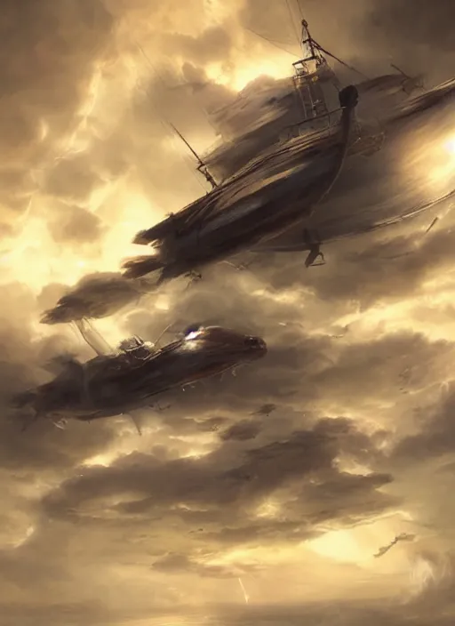 Image similar to pirate airship flying through the clouds, volumetric light rays painted by raymond swanland