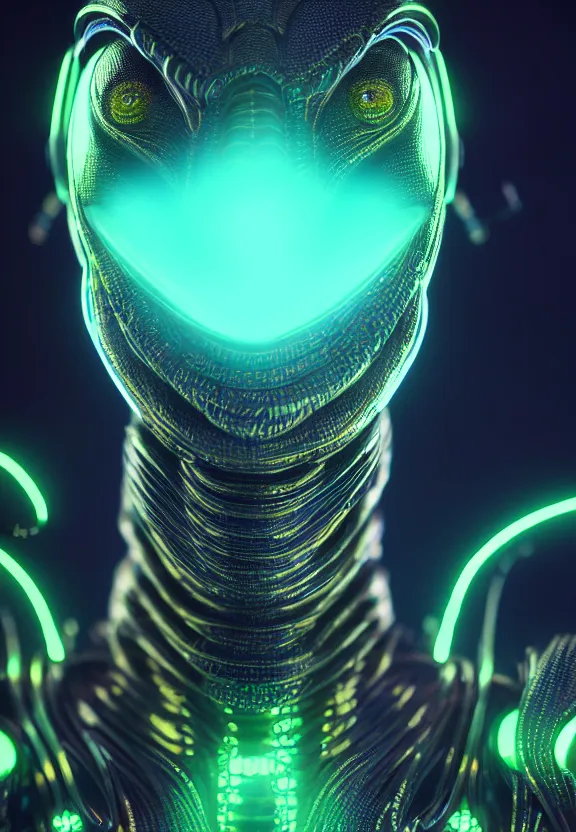 Image similar to ultra realist intricate detailed painting of a single attractive alien male, neon scales and cyborg tech, hyperrealistic, soft lighting, octane render