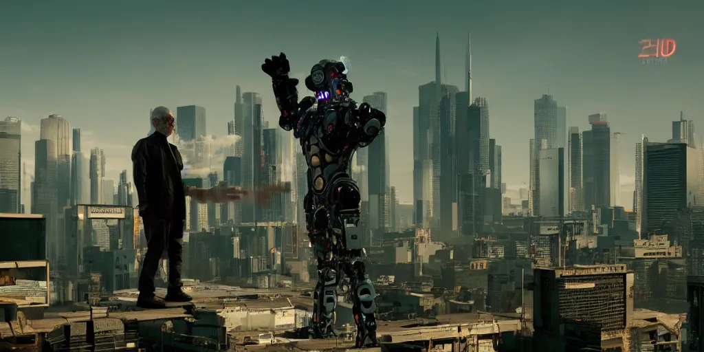 Image similar to cyberpunk buff old man stand-off with Deadcode humanoid robot on a rooftop by Roger Deakins