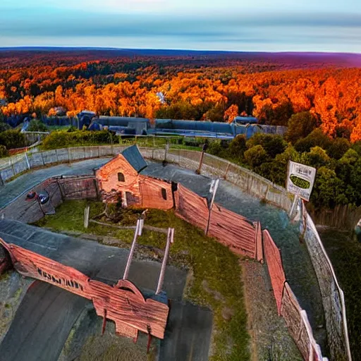 Image similar to birds eye view of a small town in pennsylvania with a gate to hell opening in the middle of it, high resolution photograph, intense, dawn light