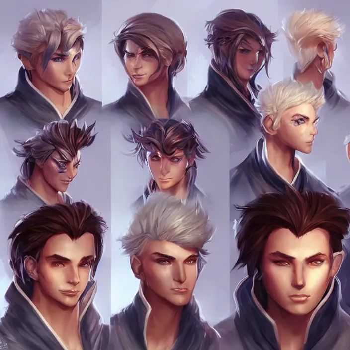Image similar to concept art of young male wizard d & d video game characters head designs, unique hair designs, by marc brunet and artgerm