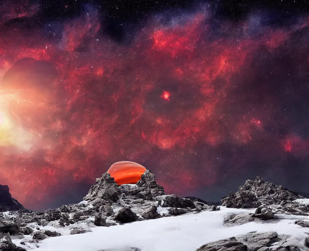 Prompt: A rocky valley surrounded by snow-capped mountains, nighttime, orange gas giant, red nebula, no clouds, sci-fi, photorealistic, landscape