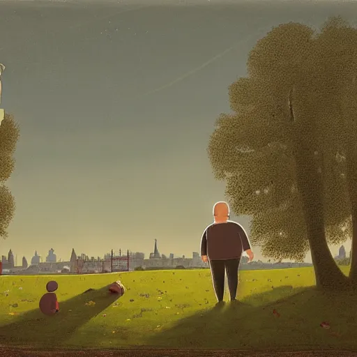 Prompt: A Sunday Afternoon on Primrose Hill, Overlooking London. An overweight, partially bald, middle aged man with a big beard shares a loving embrace with a thin girl. Simon Stålenhag and Grant Wood.