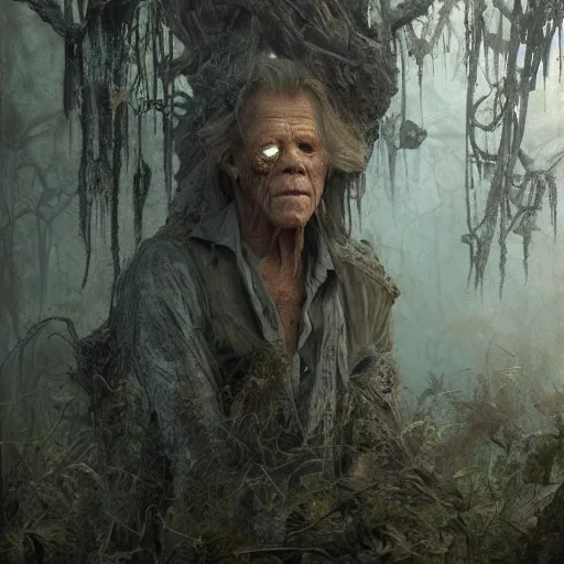 Prompt: rotten stem formed like the face of nick nolte in the swamp, at dusk, misty athmosphere, ultra realistic, concept art, intricate details, eerie, highly detailed, photorealistic, octane render, 8 k, unreal engine. art by ed binkley and ellen jewett and artgerm and greg rutkowski and alphonse mucha