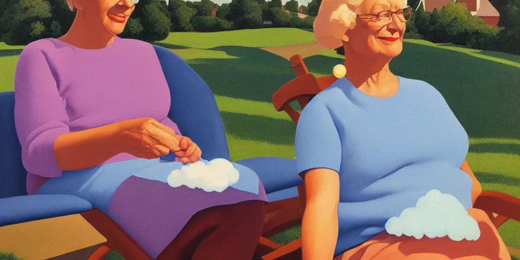 Prompt: knitting grandma, blue sky, summer evening, kenton nelson