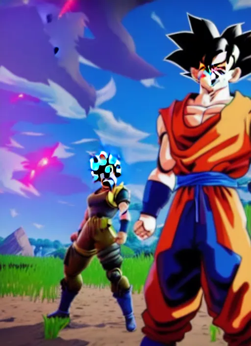 Image similar to game still of a sayan goku as a fortnite skin in fortnite by fortnite, pose.