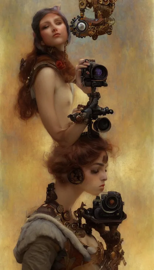 Image similar to hyper realistic photographer taking a picture of a cat, magical, steampunk, painted by tom bagshaw, mucha, gaston bussiere, craig mullins, j. c. leyendecker 8 k