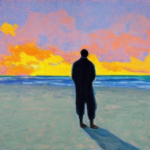 Prompt: a fauvist painting of a man holding his coat, on an empty beach at sunrise, long shadows,