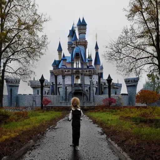 Prompt: a girl in chernobyl!!! disneyland castle made of reactor concrete blocks!! silent hill!! dark cloudy, atmospheric, foggy, wide angle