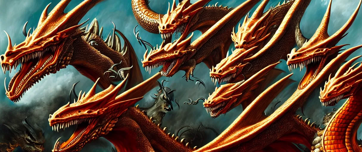 Prompt: hyperrealist highly detailed english medieval portrait of four dragons fighting, concept art pascal blanche dramatic studio lighting 8k wide angle shallow depth of field