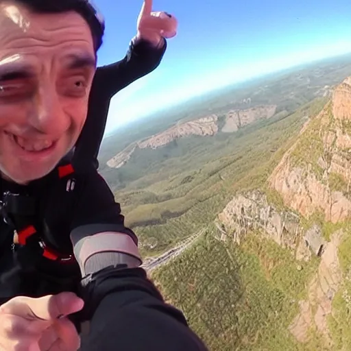 Image similar to GoPro video of Mr Bean base jumping close-up selfie