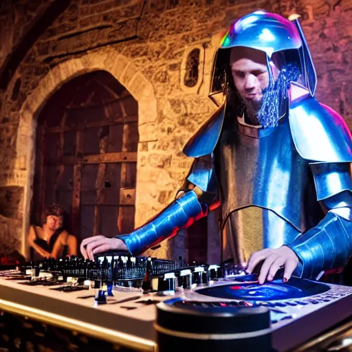 Prompt: photograph of a dubstep dj in holy templar knight armor djing during a medieval party, 8 k resolution, high detail