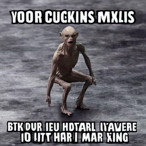 Image similar to gollum has giant chicken legs instead of his legs