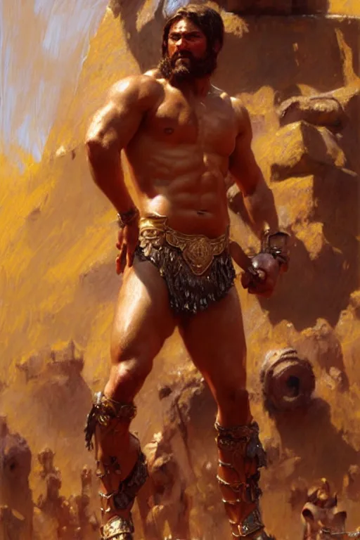 Image similar to Gladiator, muscular, detailed face, correct face, painting by Gaston Bussiere, Craig Mullins