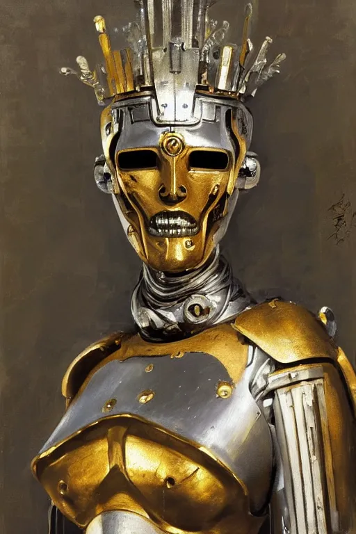 Image similar to beautiful expressive oil painting portrait of ancient robot god queen, silver exoskeleton, with a scratched gold skull mask, japan iconography, art by anders zorn, wonderful masterpiece by greg rutkowski, beautiful cinematic light, american romanticism by greg manchess, jessica rossier