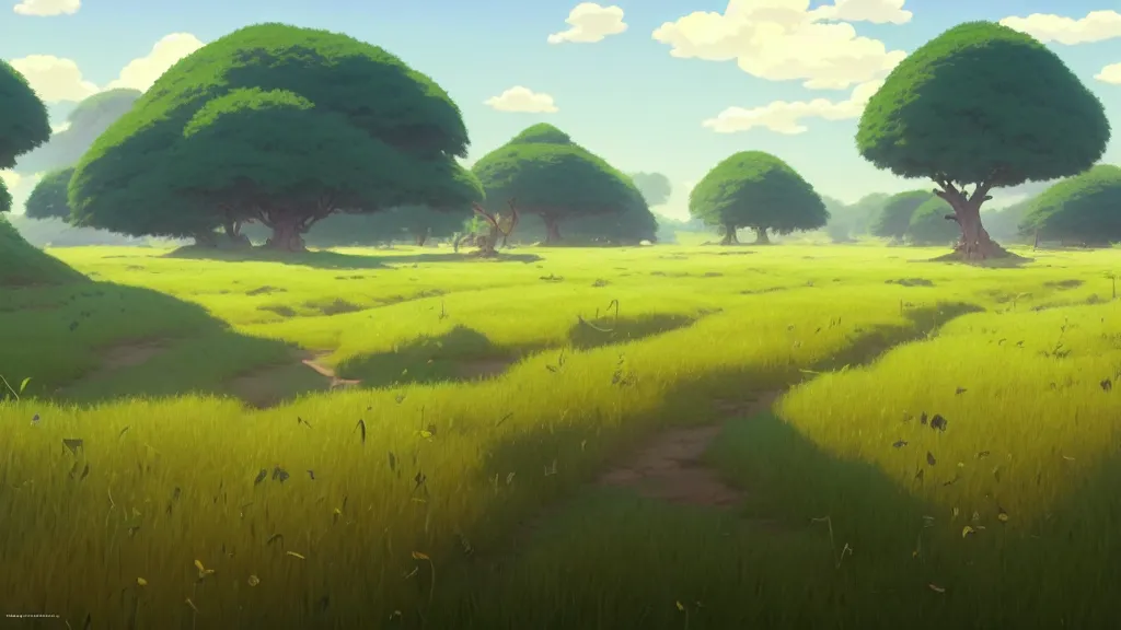 Image similar to open fields landscape, studio ghibli, pixar and disney animation, sharp, rendered in unreal engine 5, highly detailed, digital painting, artstation, concept art, smooth, sharp focus, illustration, wide angle, artbook, wallpaper, splash art, promo art, dramatic lighting, art by artgerm and greg rutkowski and bo chen and jin xiaodi