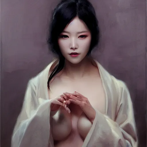 Image similar to detailed cinematic wide shot of beautiful attractive hoyeon jung asian vampire woman wearing black bath robe slim face symettrical face clean skin black eyes black robe smooth, sharp focus, ultra realistic, spring light, painting by gaston bussiere, craig mullins, j. c. leyendecker