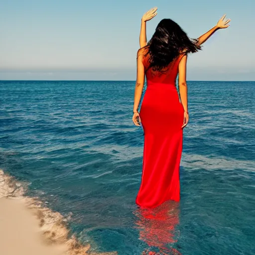 Prompt: woman with waving long hair, satin red dress, waist deep in the ocean, back view, first person view