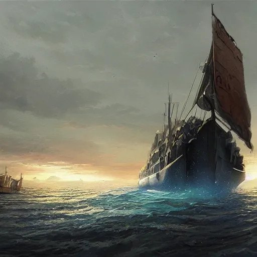 Image similar to huge escientific survivalist sailing motor barge, Magic the Gathering art, art by greg rutkowski, matte painting, trending on artstation, very detailed