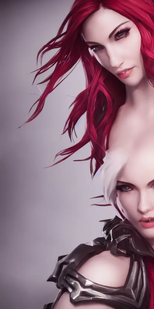 Image similar to Katarina from League of Legends, photorealistic studio portrait, studio lighting, unreal engine 5, hyperrealistic, dynamic lighting, white ambient background, realistic, highly detailed