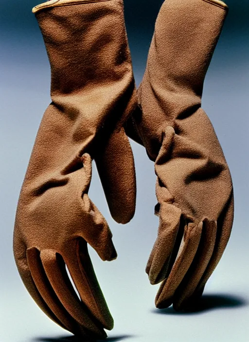 Prompt: realistic photo of a scientific model of an ugly rough complex gloves made of black clay, front view, neutral brown colors 1 9 9 0, life magazine reportage photo, metropolitan museum photo