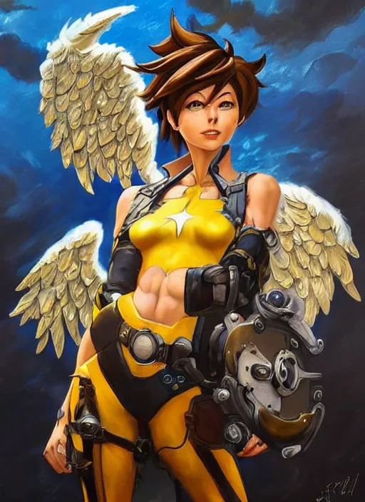 Image similar to full body oil painting of tracer overwatch in the style of frank frazetta, angel wings, dramatic painting, symmetrical composition, ornate, golden chains, high detail, gold detailed collar!!!!!, blooming, angelic, lights, flowers, heavenly, bright, detailed face,