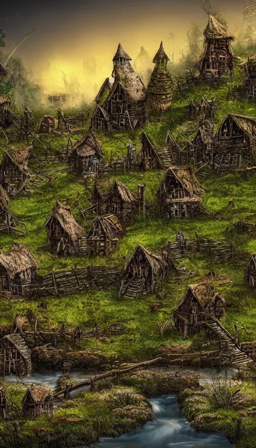 Image similar to a ground photo of a goblin village near a river at night, photorealistic, 8k, high detail, high quality, dramatic lighting, HDR